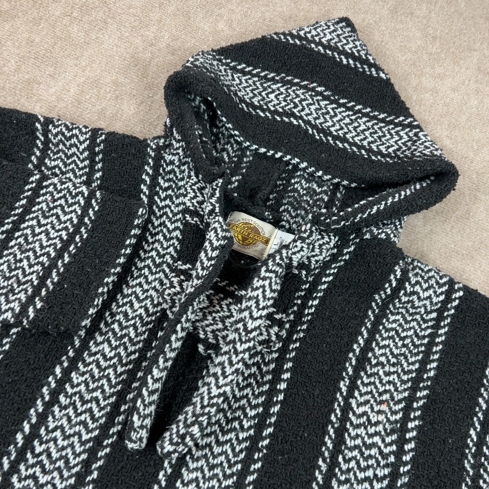 Earth Ragz Baja Hoodie Mens Sz L Black Striped Drug Rug Woven Pullover VTG